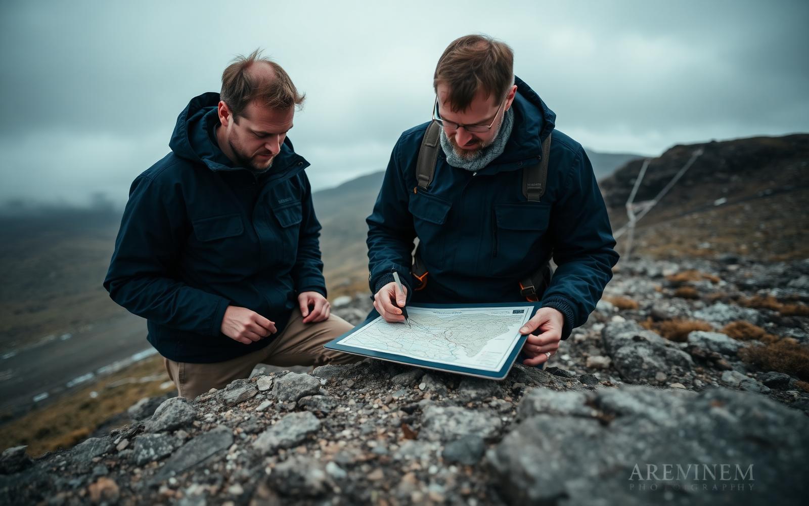 Field geologists mapping at a remote outcrop